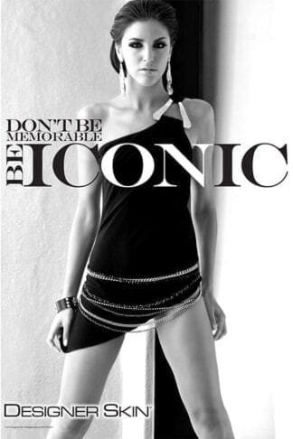 Woman in black dress with chains, "Be Iconic" text.