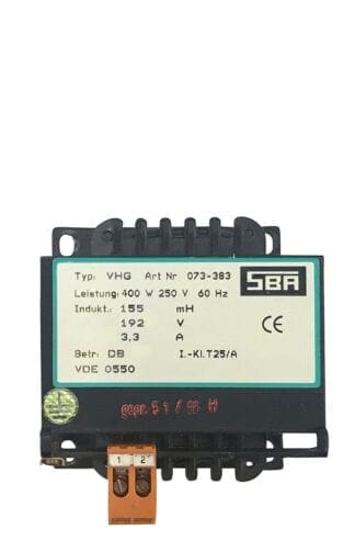 Black electrical transformer with label.