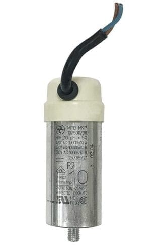 Silver capacitor with black wire leads.