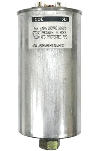 Silver cylindrical capacitor with label.