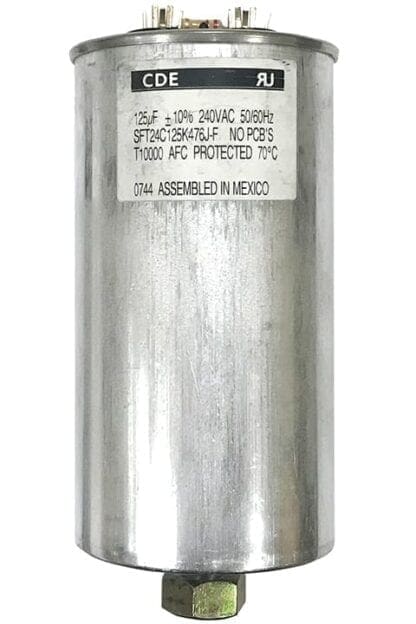 Silver cylindrical capacitor with label.