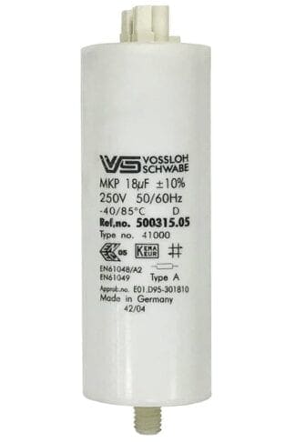 White cylindrical capacitor with specifications.