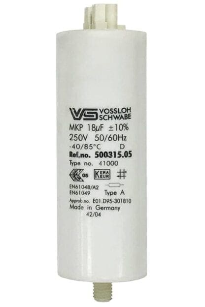 White cylindrical capacitor with specifications.
