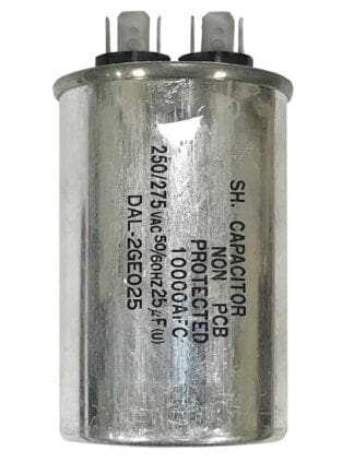 Silver capacitor with electrical leads.