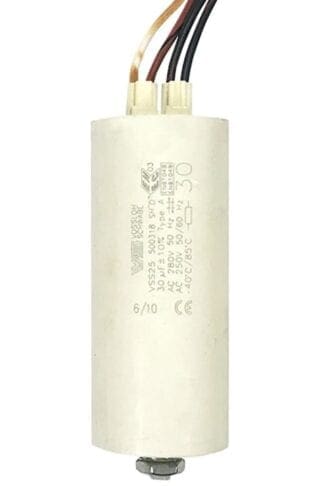 White cylindrical capacitor with wires.