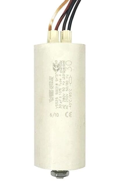 White cylindrical capacitor with wires.
