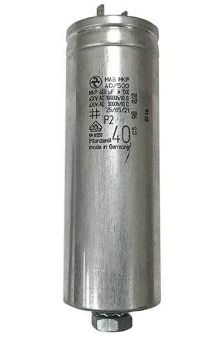 Silver capacitor with MAB MKP label.