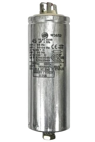 Silver cylindrical capacitor with labels.