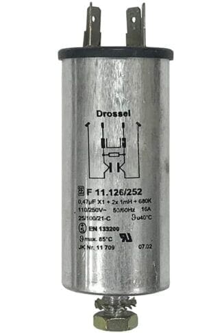 Silver capacitor with electrical terminals.