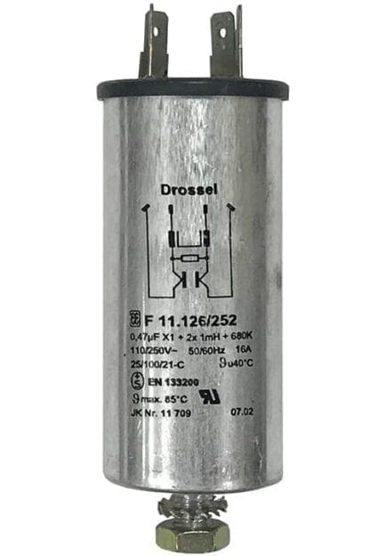 Silver capacitor with electrical terminals.