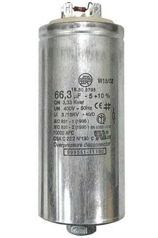 Silver capacitor with electrical specifications.