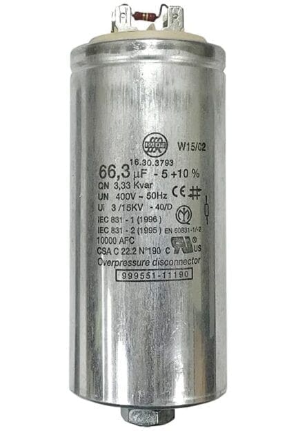 Silver capacitor with electrical specifications.