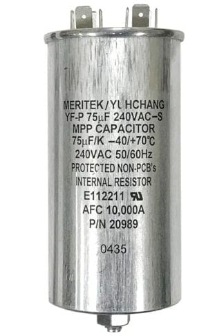 Silver cylindrical capacitor with text.