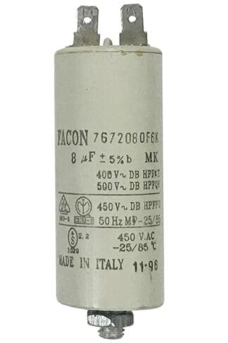 Capacitor, 8 microfarads, 450 volts, made in Italy.
