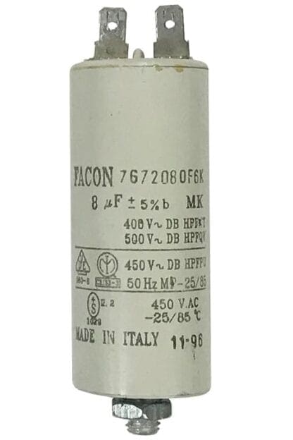 Capacitor, 8 microfarads, 450 volts, made in Italy.