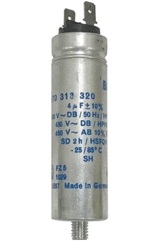 Silver capacitor with blue markings.