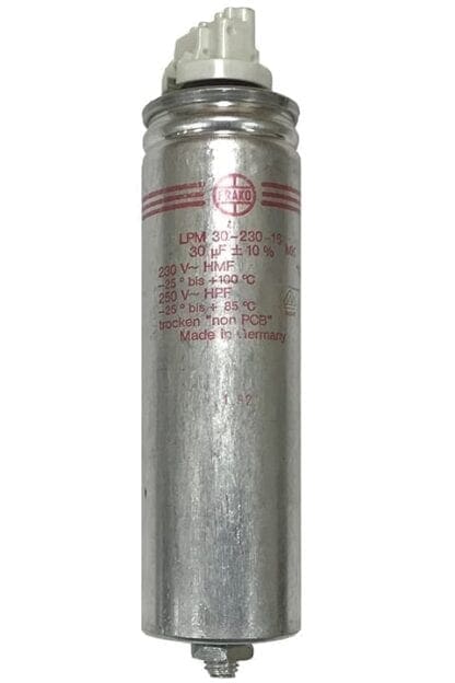 Silver cylindrical capacitor with red text.