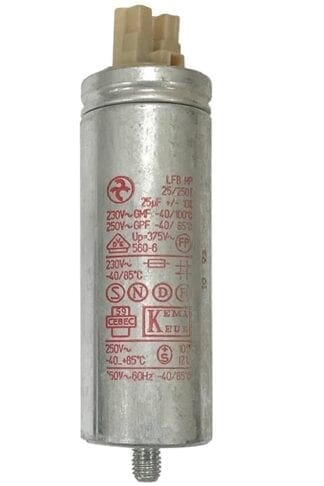 Silver capacitor with red markings.