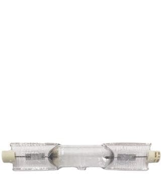 Clear glass halogen light bulb.