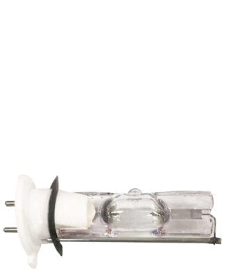 Clear glass light bulb with prongs.
