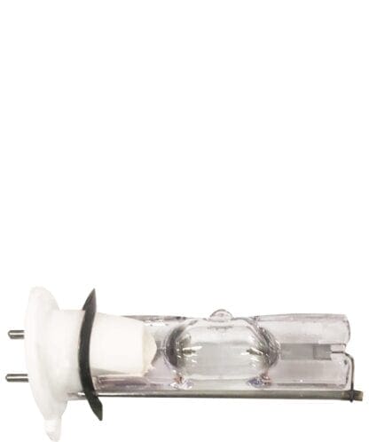 Clear glass light bulb with prongs.