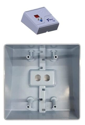 Gray electrical box with two outlets.