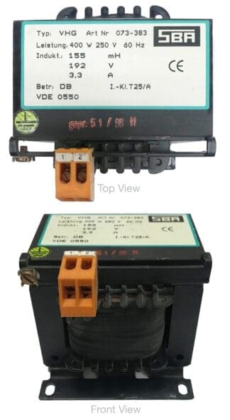 Black transformer with orange terminals.