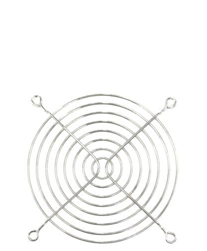 Silver wire fan grill, circular shape.