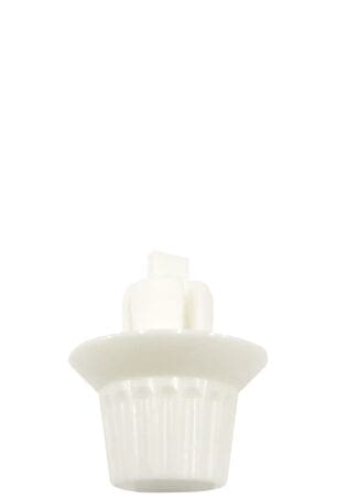 White plastic push-in fastener.