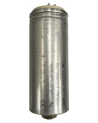 Silver metal capacitor with labels.