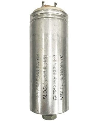 Silver cylindrical capacitor with labels.