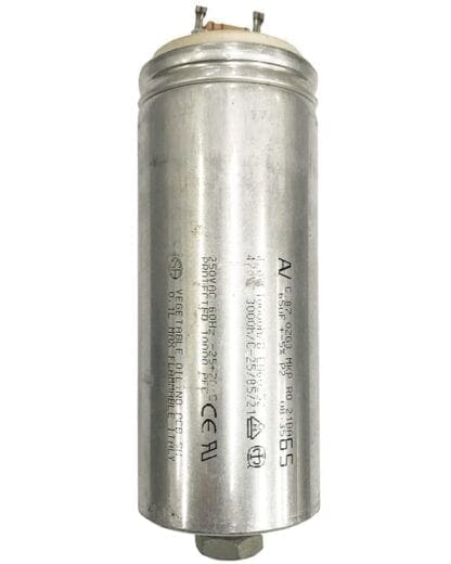 Silver cylindrical capacitor with labels.