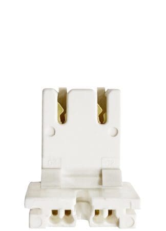 White electrical connector with gold terminals.