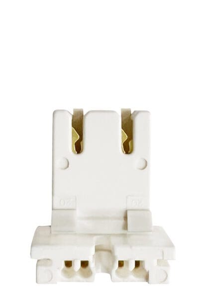 White electrical connector with gold terminals.