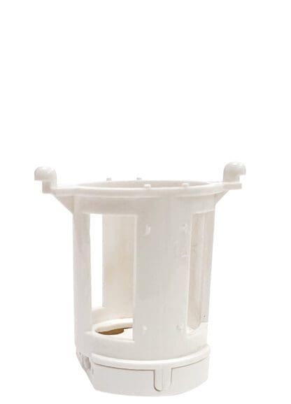 White plastic lightbulb holder cage.