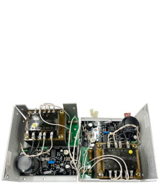 Circuit board with wires and components.