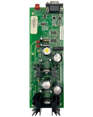 Green circuit board with components.