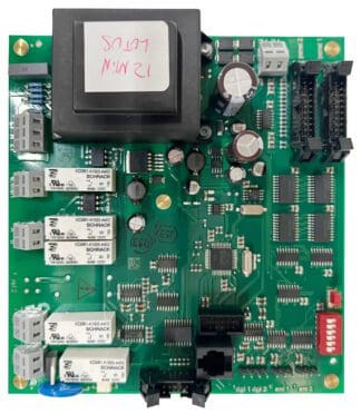 Green circuit board with electronic components.