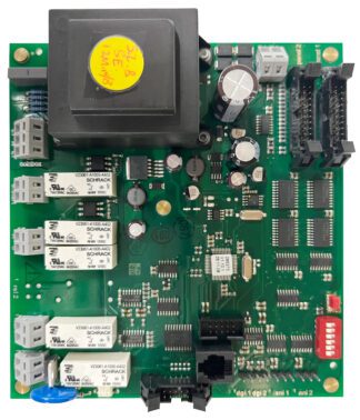 Green circuit board with electronic components.
