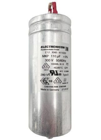 Silver cylindrical capacitor, 110 F, 300 V.