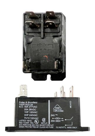 Black electrical relay with wiring diagram.