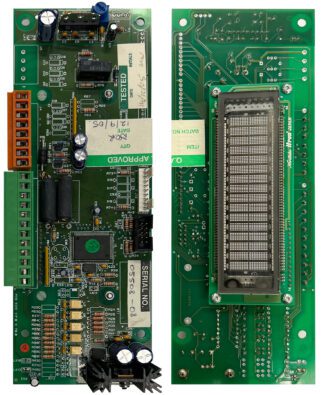 Green circuit board with a display.