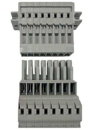 Gray electrical terminal block connector.