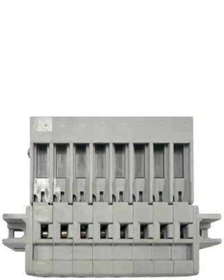 Gray electrical terminal block with six ports.
