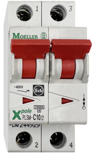 Moeller circuit breaker with red handles.