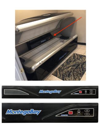 Black tanning bed with control panel.
