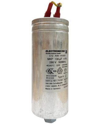 Silver capacitor with red wires attached.