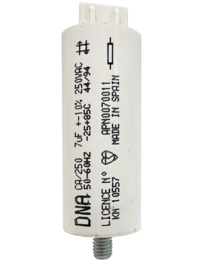 White capacitor with printed text and a screw.