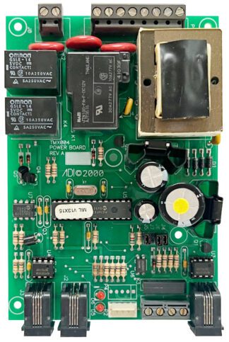 Green circuit board with power board components.