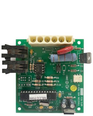 Green circuit board with electronic components.